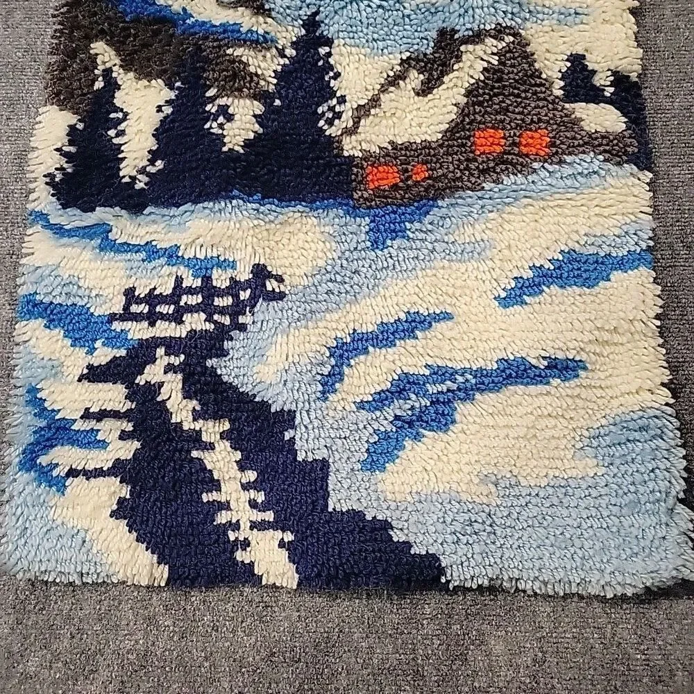 VTG Snow Landacape Latch Hook Wall Hanging Cottage Winter Kitsch 27” x 19”